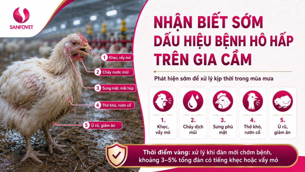 Các dấu hiệu sớm thường gặp khi gia cầm mắc bệnh hô hấp trong mùa mưa: khẹc, vẩy mỏ, chảy dịch mũi, sưng mặt và thở khó.