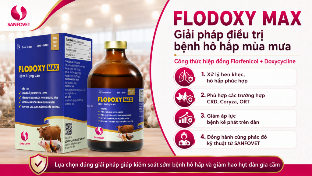 Flodoxy Max – giải pháp hỗ trợ điều trị các vấn đề hô hấp phức hợp trên gia cầm theo phác đồ kỹ thuật từ Sanfovet.