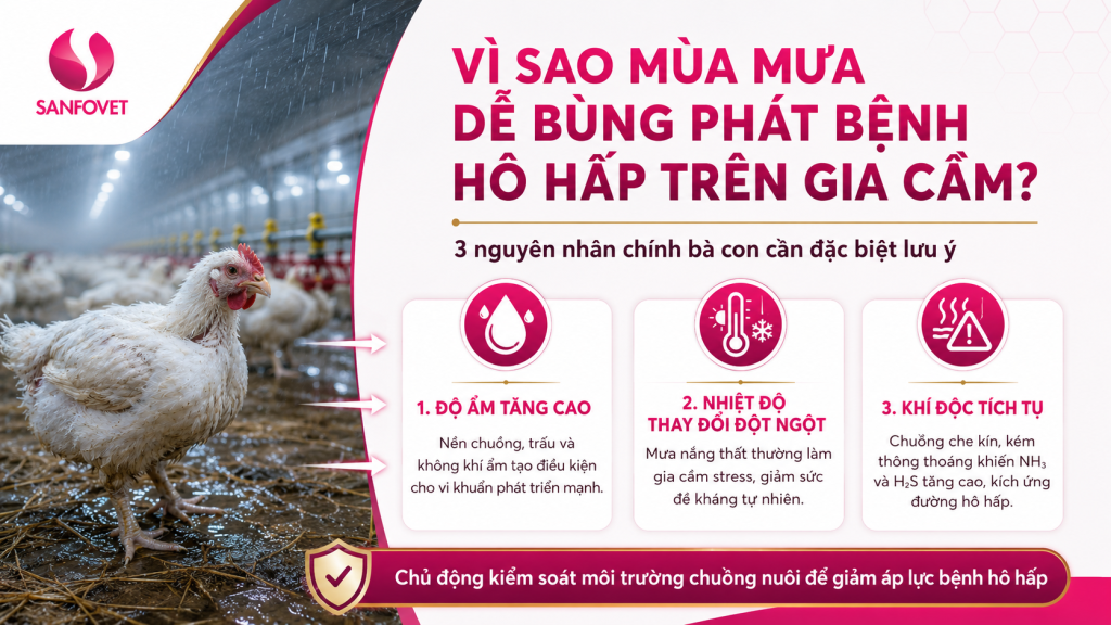 Độ ẩm cao, nền chuồng ẩm và khí độc tích tụ là những yếu tố làm bệnh hô hấp trên gia cầm dễ bùng phát trong mùa mưa.