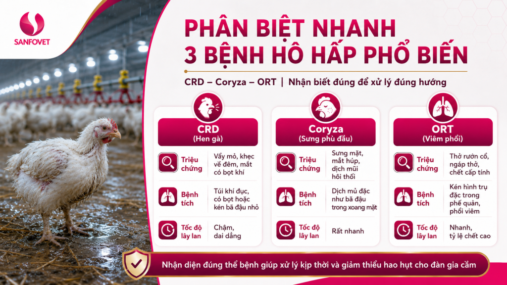 Phân biệt nhanh 3 bệnh hô hấp phổ biến trên gia cầm mùa mưa: CRD, Coryza và ORT.