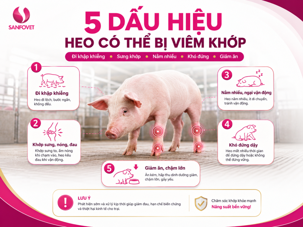 Các dấu hiệu thường gặp khi heo bị viêm khớp gồm sưng khớp, đi khập khiễng và nằm nhiều